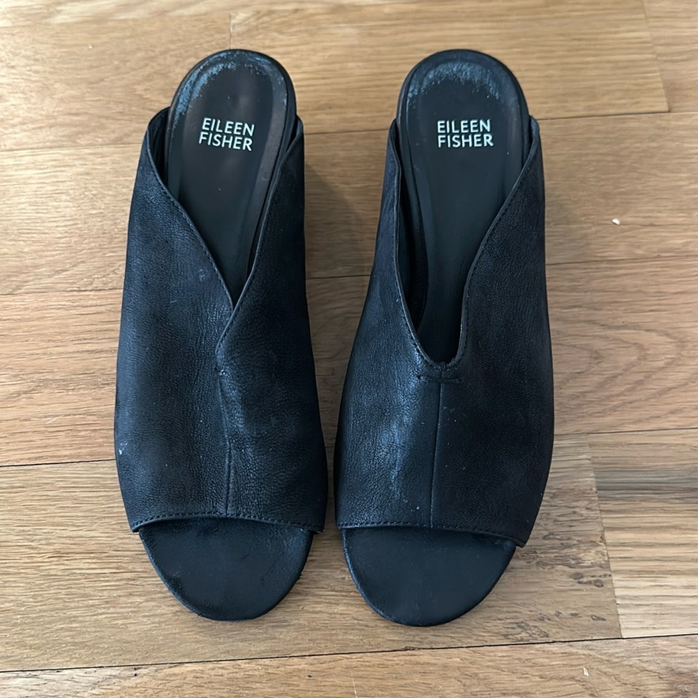 Eileen Fisher Black Nubuck Leather Slip On Mule